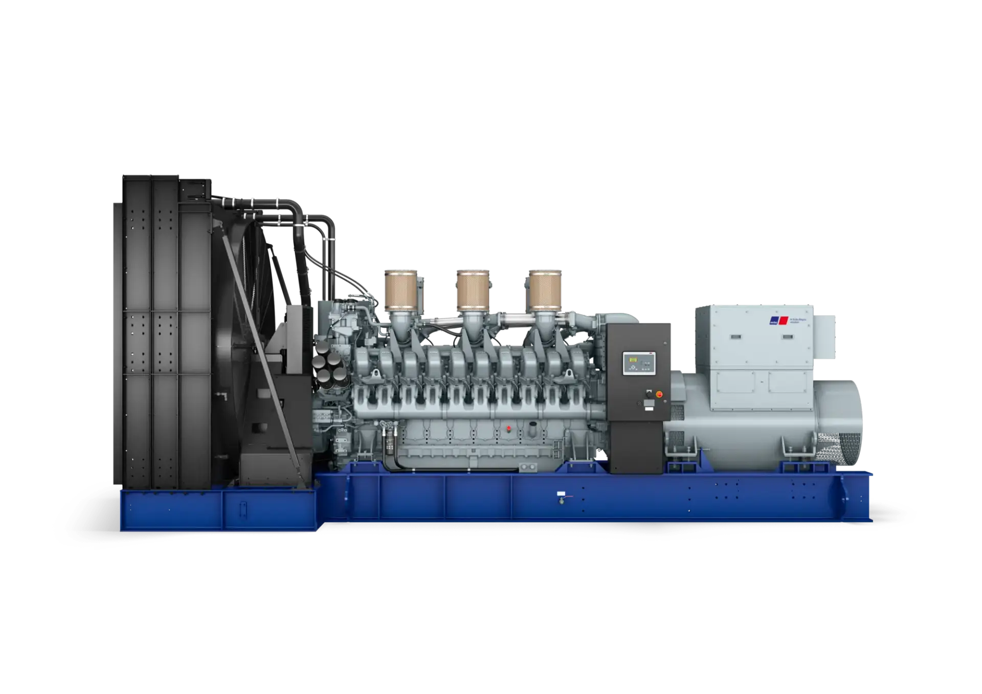 Large industrial generator engine in Bahrain with multiple cylinders and exhaust components displayed against a black background.