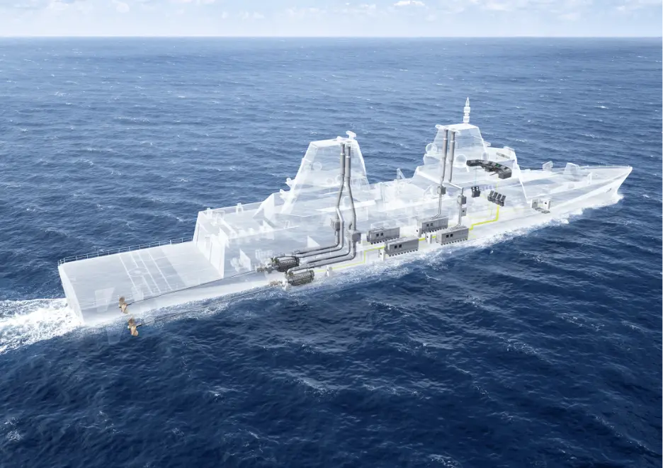 Naval vessel at sea with integrated marine propulsion system illustrated inside the ship